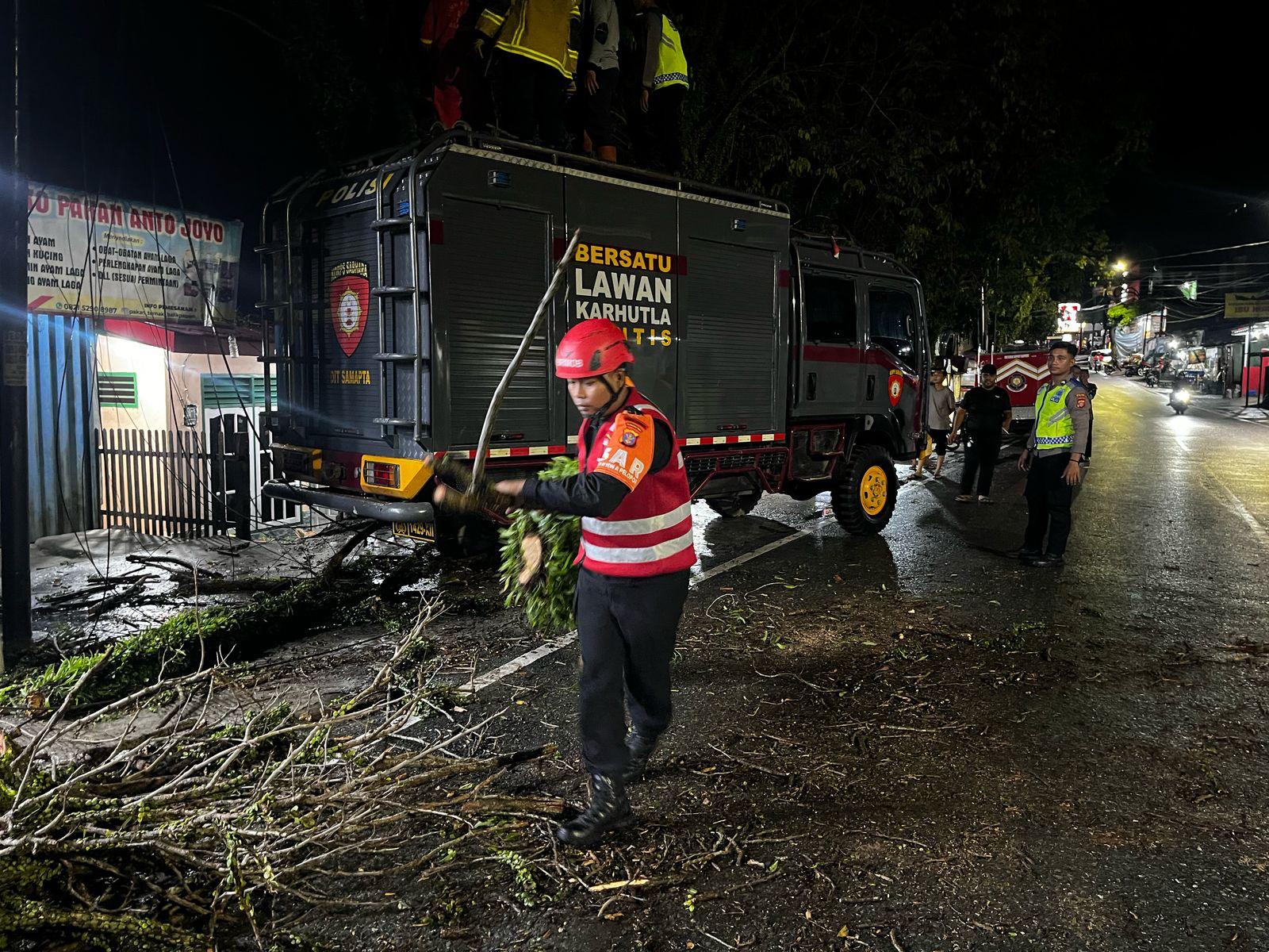 Gerak Cepat Brimob Bantu Evakuasi Pohon Tumbang di Jalan D.I. Panjaitan Kel. Karangrejo Balikpapan